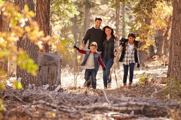 Family hiking in the woods, fall