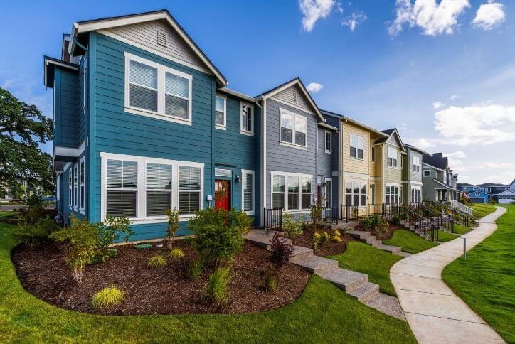 A colorful row of townhomes in the Portland area.