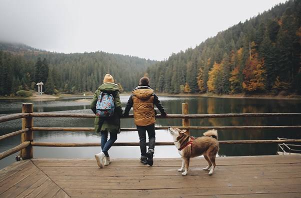 Young couple looking at a lake in the fall.