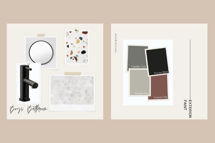 Mood board of tile, wallpaper, hardware, and paint swatches in tones of gray and brown.