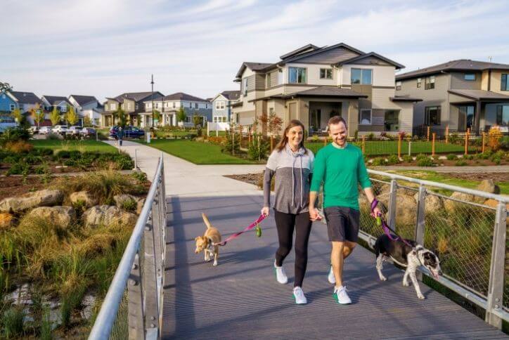 A couple walking their two dogs in front of a row of homes at Reed’s Crossing.