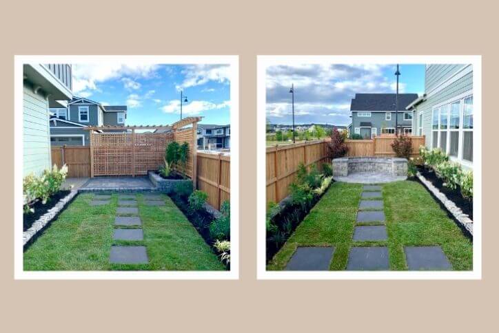 Custom stone work, including planter boxes and stepping stones, in a backyard at Reed’s Crossing.