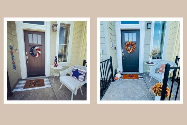 Side by side images show a front porch decorated for the 4th of July and Fall.