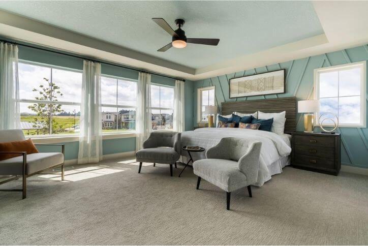 A sunny bedroom with lots of windows.