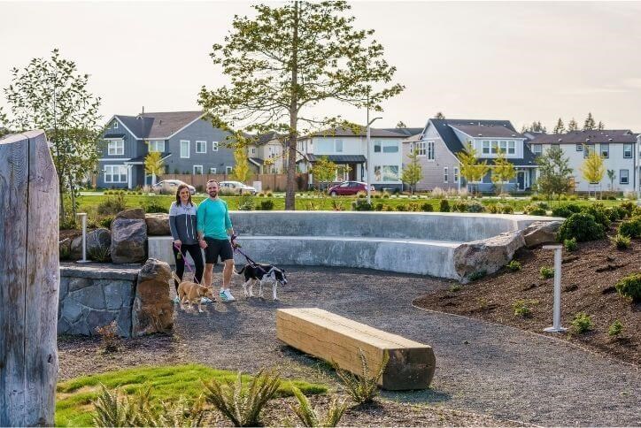 Alt text: A man and woman walk two dogs through a park in Reed’s Crossing.