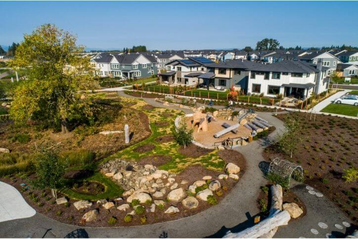Natural education area surrounded by homes and paths.