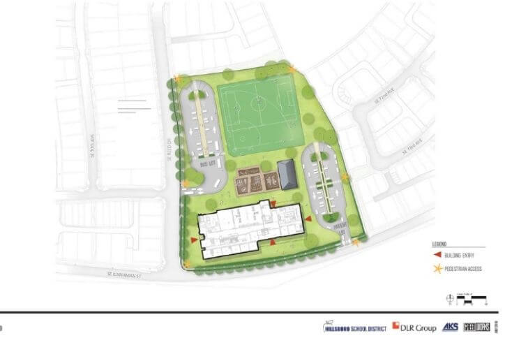 Site plan of Hillsboro School District’s ES29 shows the location of the main building, play areas, bike parking, and more.