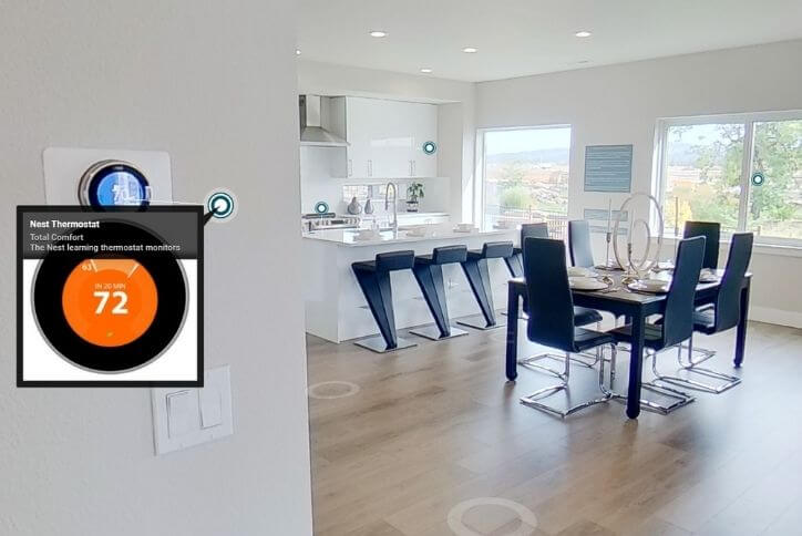 Virtual tour of a home at Reed’s Crossing shows a Nest Thermostat on the wall.