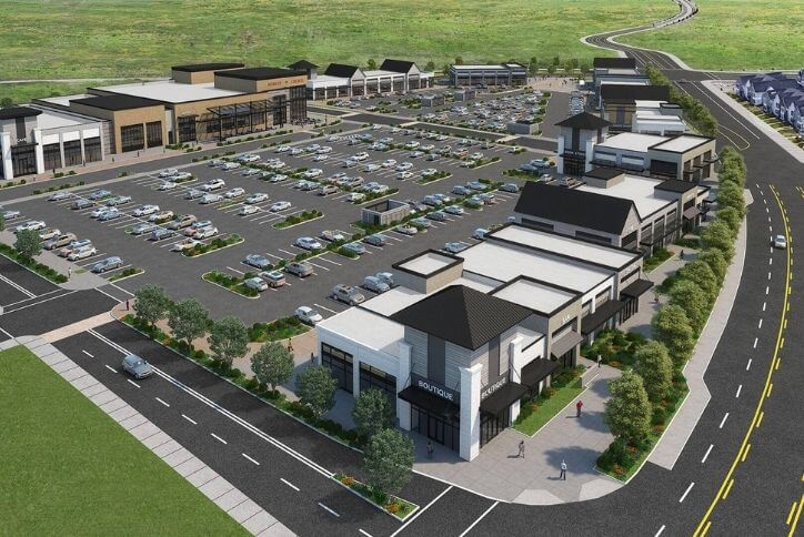 Aerial render of the Reed’s Crossing Town Center and parking area.