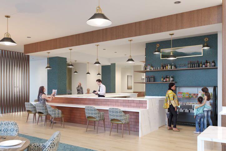 An interior rendering of the cafe at The Ackerly at Reed’s Crossing.