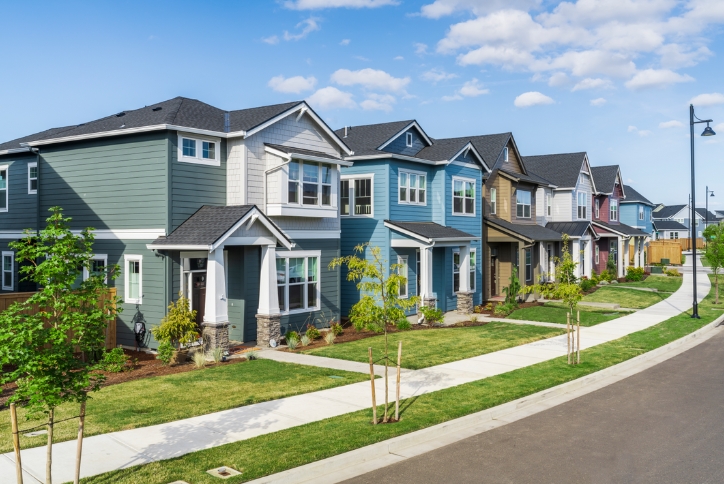 A row of colorful homes for sale in Hillsboro, Oregon.