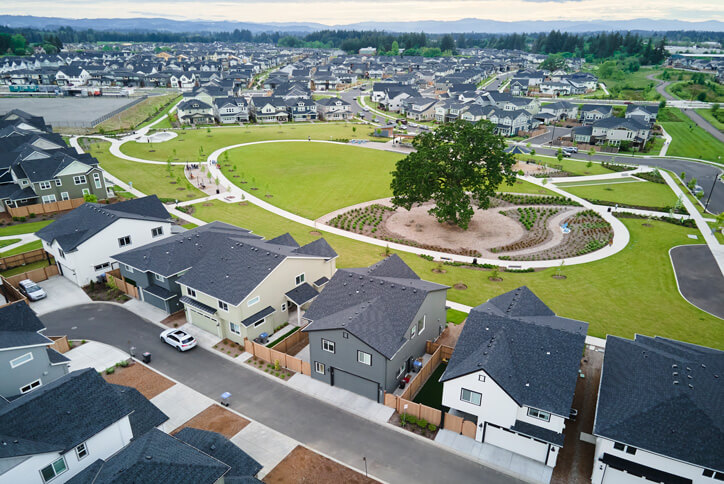 Aerial shot of homes located near Tamarack Park in Hillsboro, OR.