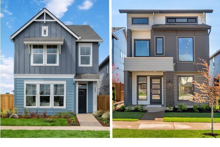 Side by side example of traditional and modern home styles at Reed’s Crossing.