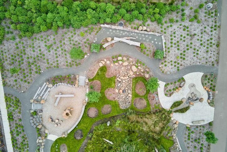 Aerial shot of a nature education park at Reed’s Crossing in Hillsboro, Oregon.