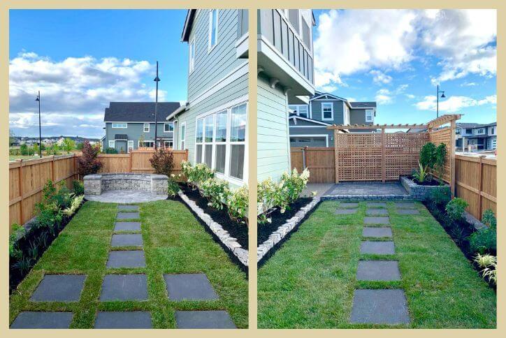 Side-by-side photos show a yard with different zones for seating and gardening.