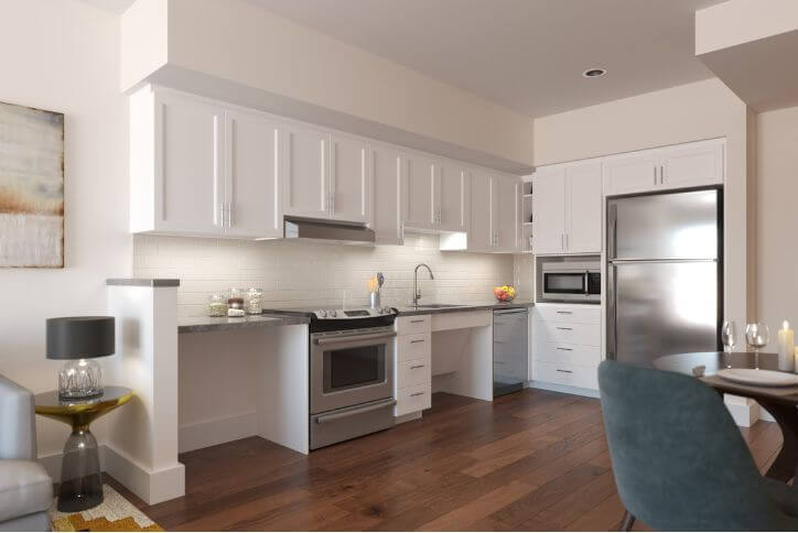 Interior render of a kitchen in The Ackerly senior living apartments.