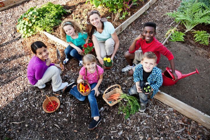 Aerial shot of a woman and five young children in a community garden.