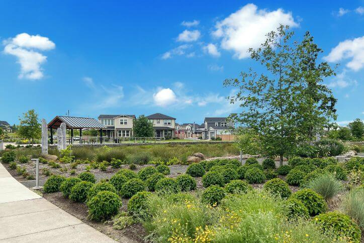 The Reed’s Crossing Greenway on a sunny day, with the pavilion visible in the distance.