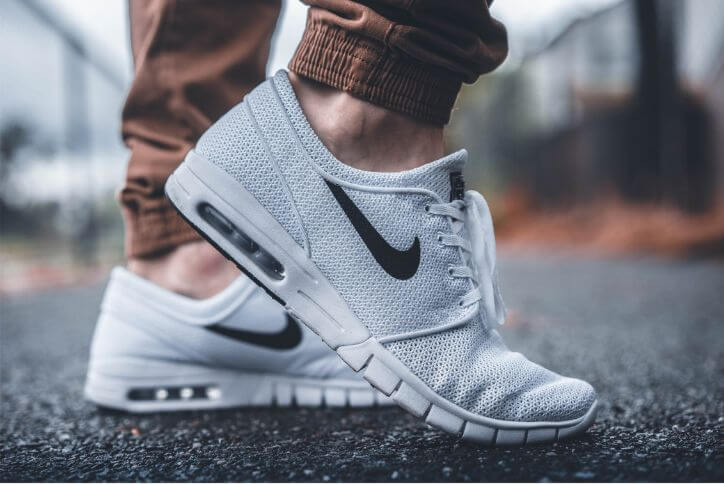 Close-up of white sneakers from Nike, a major job center in Hillsboro, Oregon.