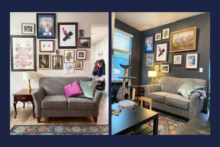 Side-by-side photos of the same room with different wall colors – one white, one dark gray – show the power of paint.