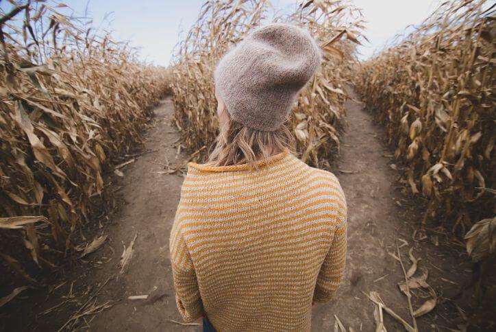A blonde woman in a yellow sweater stands in front of two possible paths through a corn maze.
