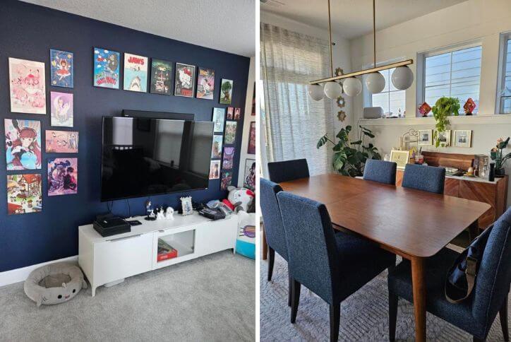 Side by side photos of a TV room and a dining room in a David Weekley home in Oregon.