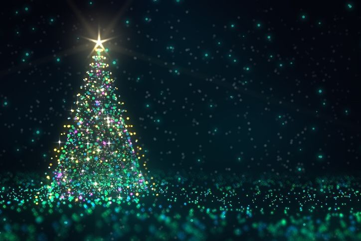 Illuminated holiday light display featuring a green and blue Christmas tree.