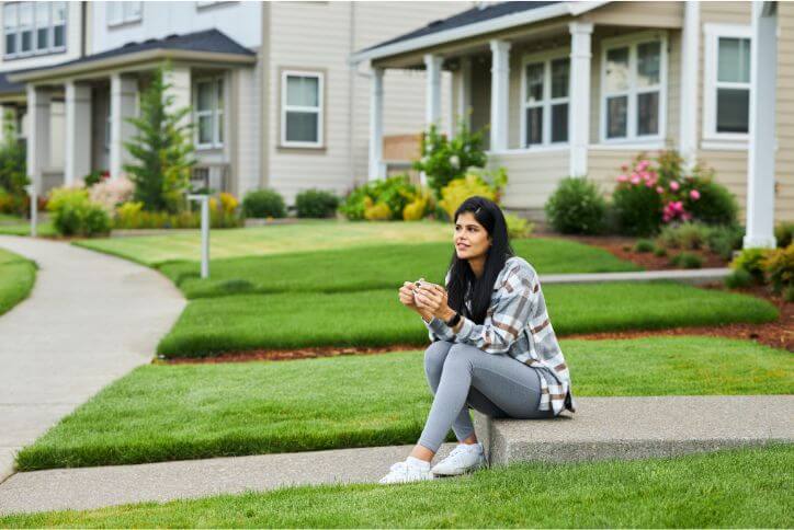 A woman dressed in a plaid shirt sits outside holding a coffee cup in Reed’s Crossing.