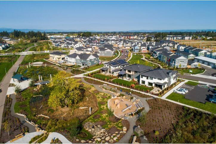 A drone photo of new homes for sale at Reed’s Crossing in South Hillsboro.