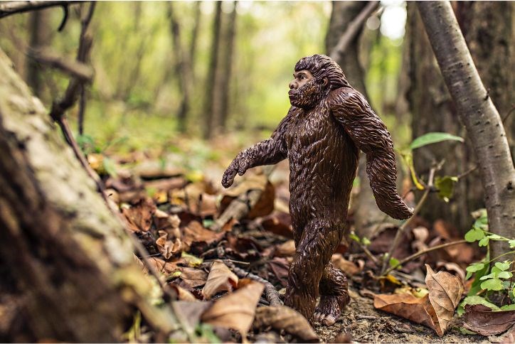 A Bigfoot figurine stands among fallen leaves in a Pacific Northwest forest.