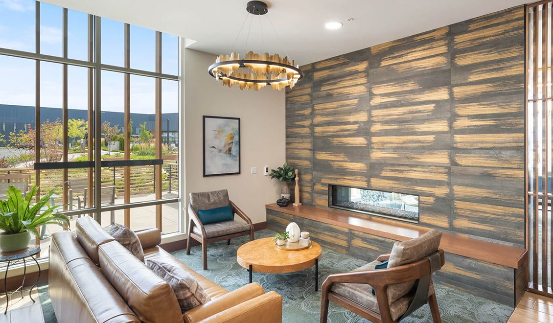 The Ackerly interior lounge area amenity at Reed's Crossing in Hillsboro, Oregon