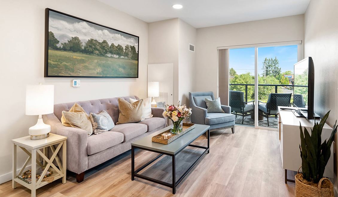 The Ackerly interior model home living space at Reed's Crossing in Hillsboro, Oregon