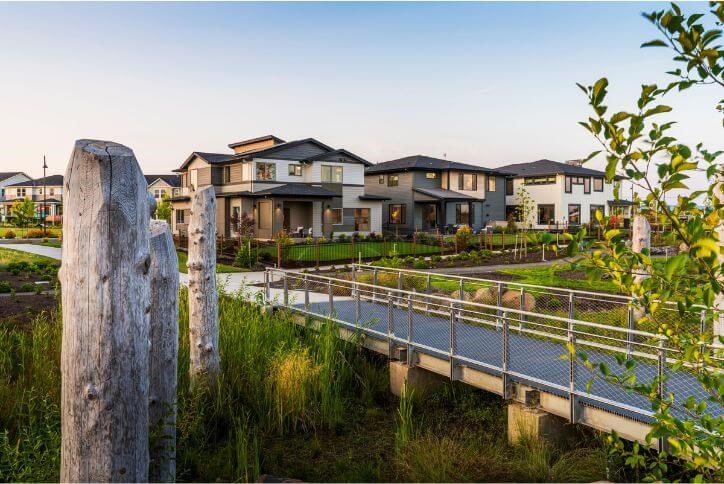 New homes in Oregon look out over a neighborhood greenway and protected natural area.