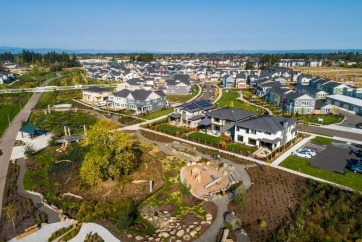Aerial photo of new homes in Hillsboro, Oregon next to the Reed’s Crossing Greenway.