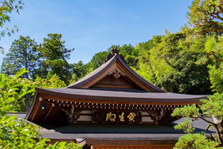 A temple surrounded by green trees in Hillsboro, Oregon’s sister city of Fukuroi, Japan.