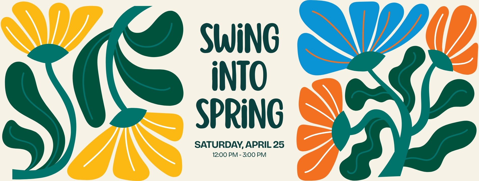 Swing into Spring event graphic with flowers and text.