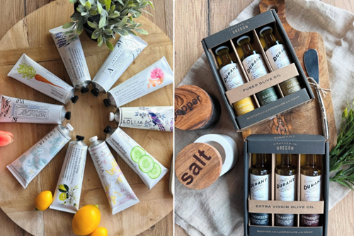 A selection of goods available from White Birch Design Company in Reed’s Crossing includes luxe hand lotion and artisanal olive oil.