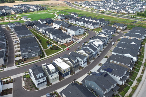 Aerial image of carefully planned streets and community spaces in Reed’s Crossing.