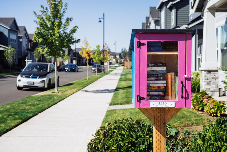 A bright pink Little Free Library in South Hillsboro’s Reed’s Crossing neighborhood.